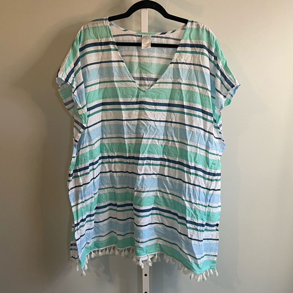 Kona Sol Blue Green Stripe Resort Swim Coverup with Tassels